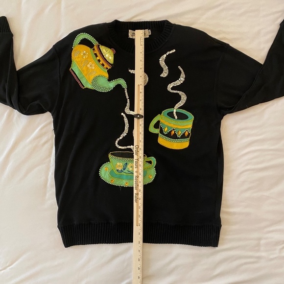 Vintage Statements by Pronto Women's Sweater-Sequined Tea pot & cups-Size Large - Picture 4 of 8